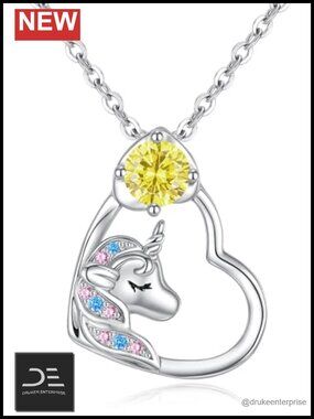 925 Sterling Silver Unicorn Birthstone Necklace Heart Pendant